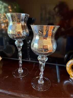 Silver Mercury Glass Hurricane Candle Holders - Set of 2
